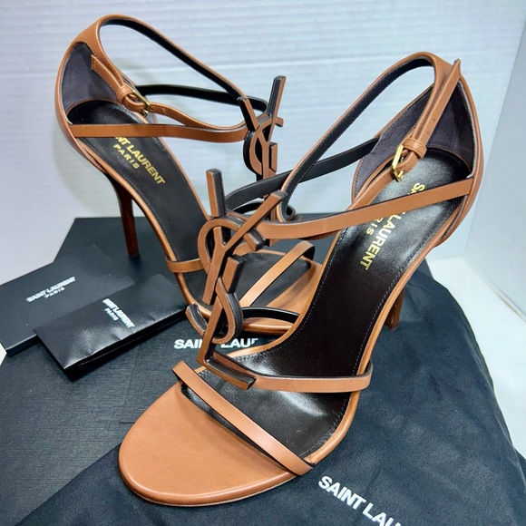 SAINT LAURENT CASSANDRA 100 SANDAL METAL YSL LOGO BROWN LEATHER SZ 39.5 NEW! - Picture 9 of 16